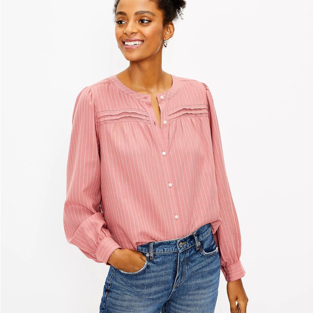 LOFT 100% Cotton Striped Shirttail Blouse, XXSP - Picture 2 of 11